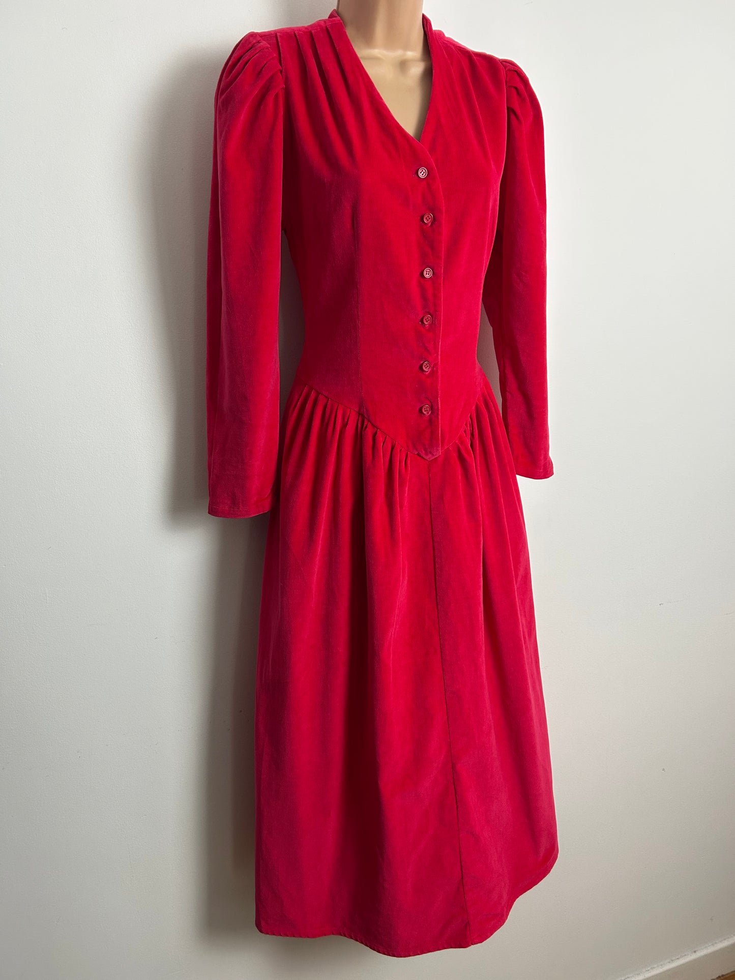 Vintage 1980s ADINI Size 8 Hot Pink Cotton Velvet Gather Pleated Midi Dress