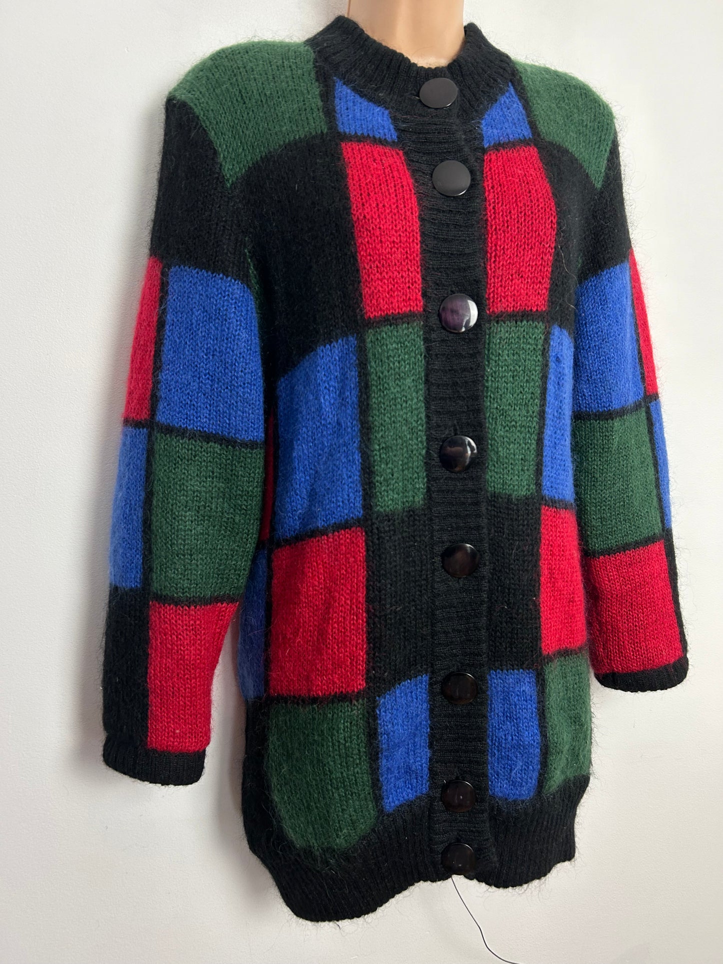 Vintage 1980s CINNAMON Up To Size 16 Black Red Green Blue Check 50% Mohair Longer Length Cardigan/Coatigan