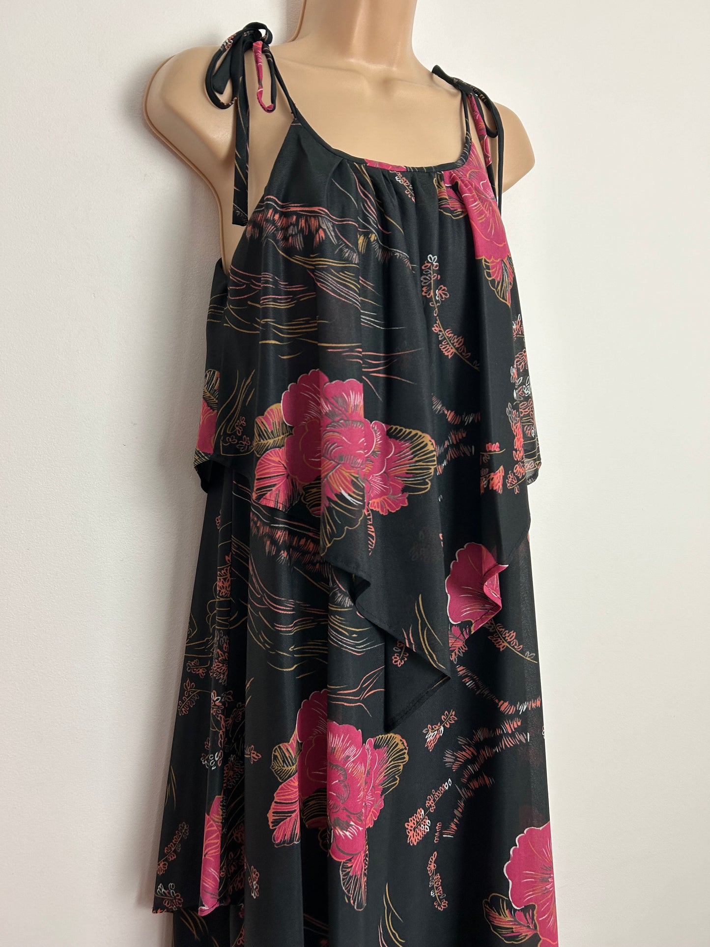 Vintage 1970s UK Size 8 Pretty Black & Pink Floral Print Tie Shoulder Triple Layered Boho Summer Maxi Dress