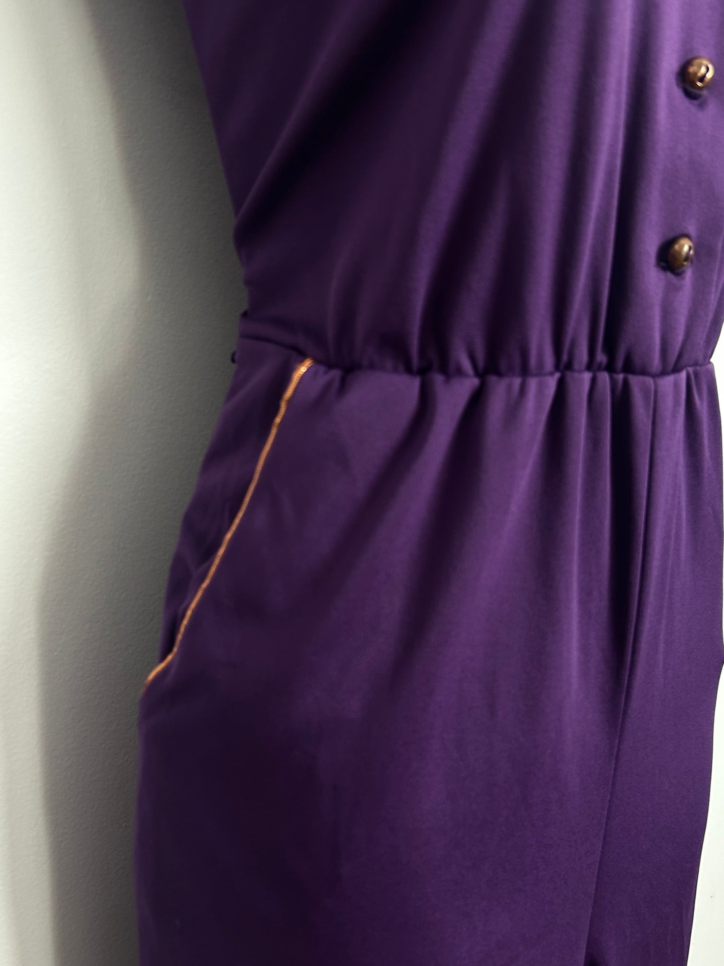 Vintage Early 1980s J.C Penney Purple & Bronze Piping Trim Straight Leg Jumpsuit
