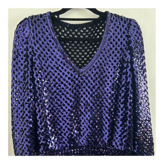 Vintage 1980s PARTIQUE NEW YORK UK Size 14 Purple Sequin Loose Stitch Stretchy Evening Party Top