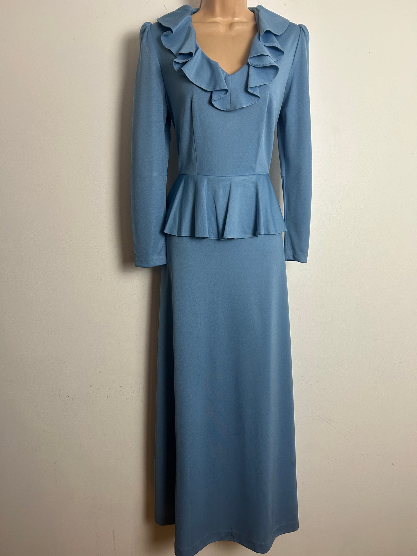 Vintage 1970s DEVONSHIRE LADY Size 8 Powder Blue Long Sleeve Peplum Maxi Dress