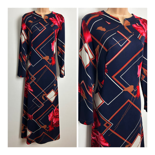 Vintage 1970s Size 10-12 Navy Blue Pink White & Brown Floral & Stripe Print Long Sleeve Maxi Dress