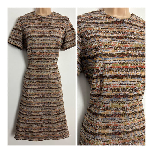 Vintage 1960s UK Size 12 Brown & Orange Tones Abstract Print Short Sleeve Mod Shift Dress