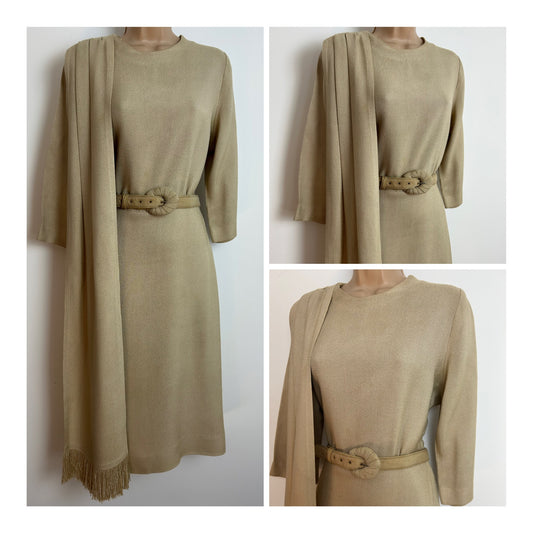 Vintage 1950s CHARLES BUTLER Size 12 Beige MOYGASHEL Irish Linen Belted Dress