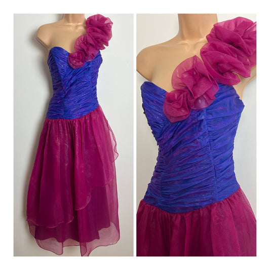 Vintage Extreme 1980s JAHN & PILL Size 10 Pink & Purple One Shoulder Party Prom Occasion Maxi Dress