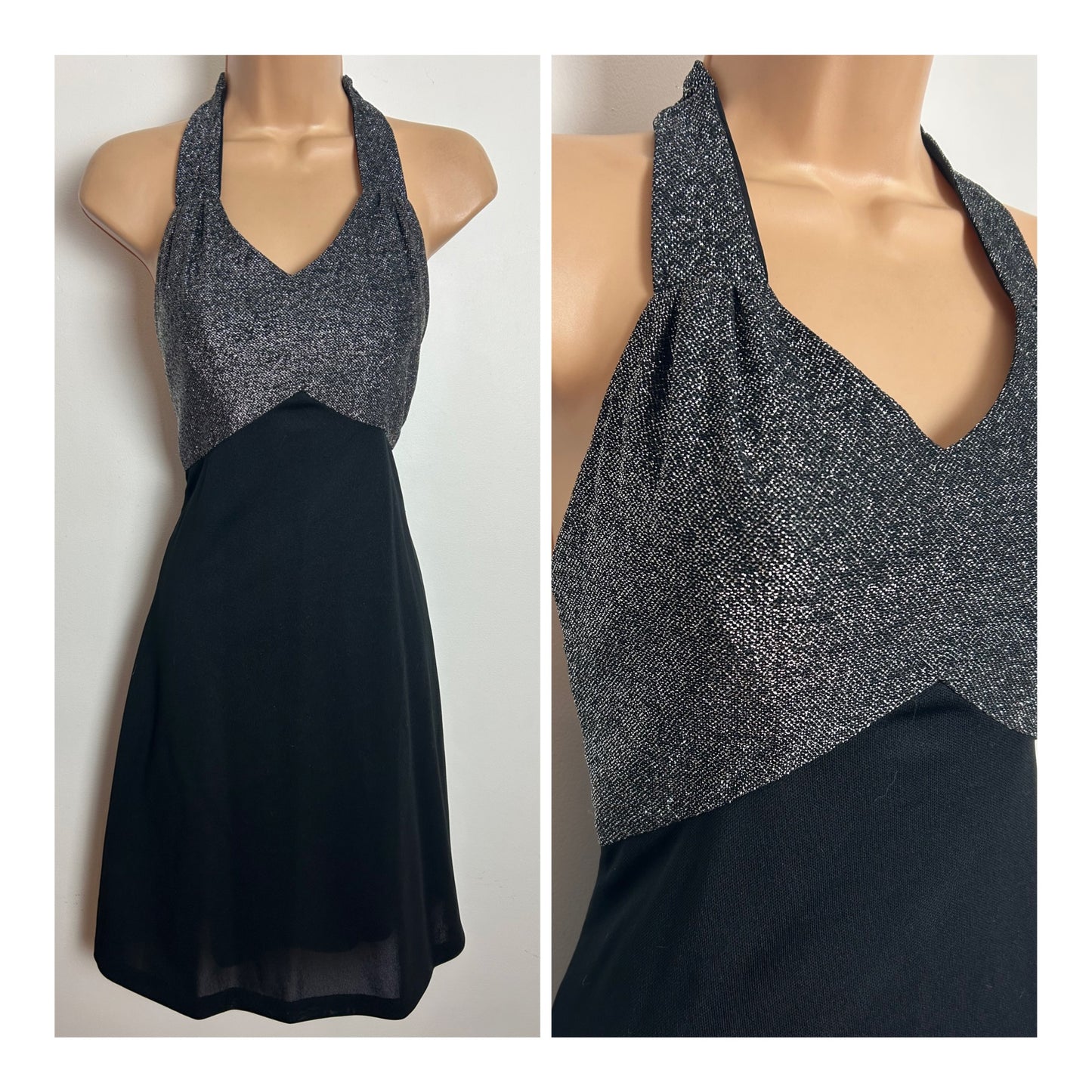 Vintage 1970s BELLE OF MY HEART Size 10-12 Black & Silver Lurex Halterneck Xmas Party Evening Dress