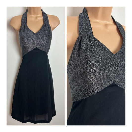 Vintage 1970s BELLE OF MY HEART Size 10-12 Black & Silver Lurex Halterneck Xmas Party Evening Dress
