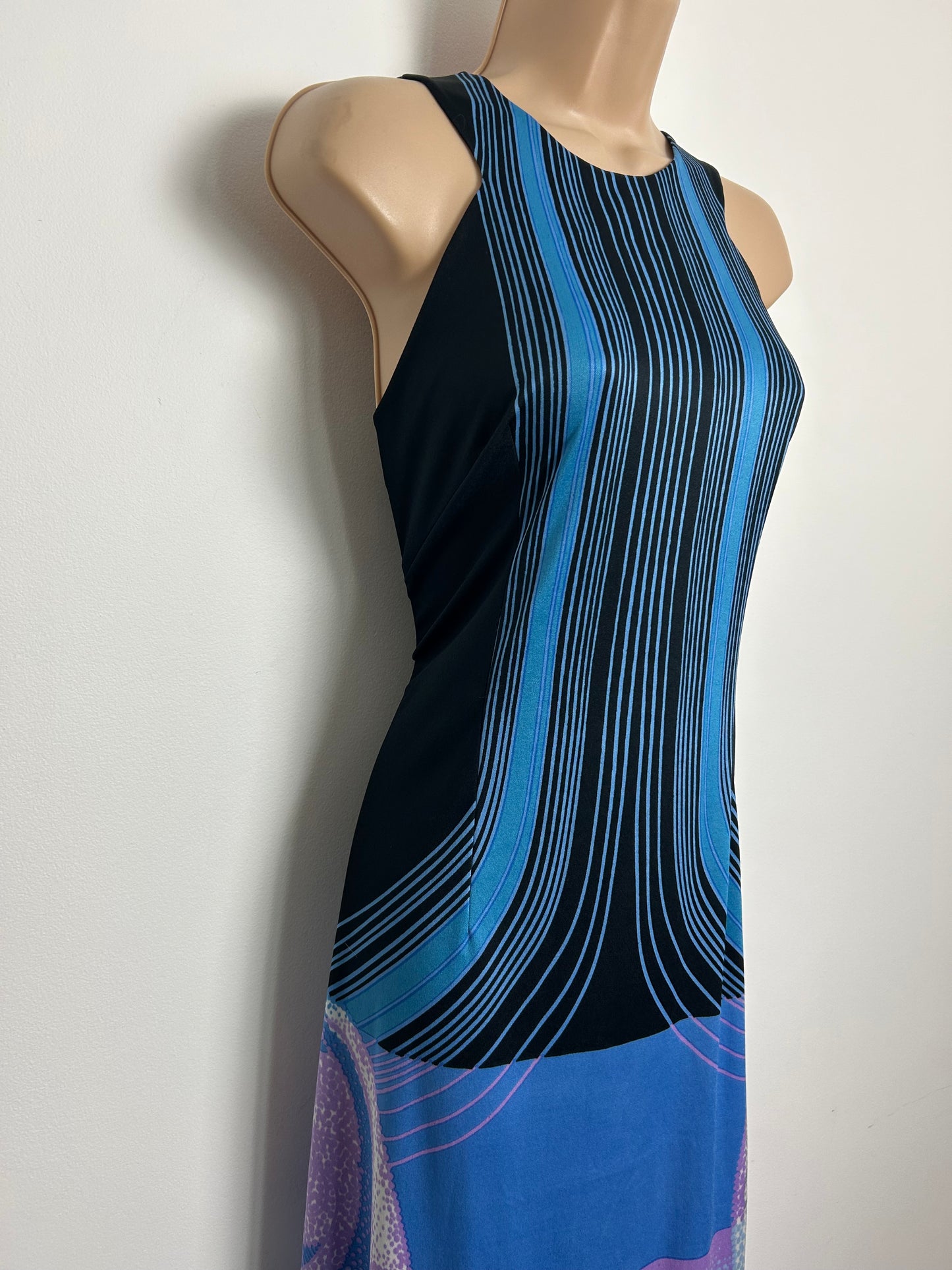 Vintage 1970s Size 8 Black Blue & Lilac Abstract Stripe & Paisley Print Sleeveless Maxi Dress
