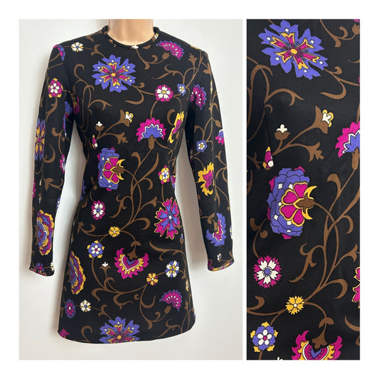 Vintage 1960s Size 8-10 Black Purple Pink & Yellow Floral Print Mini Mod Shift Dress