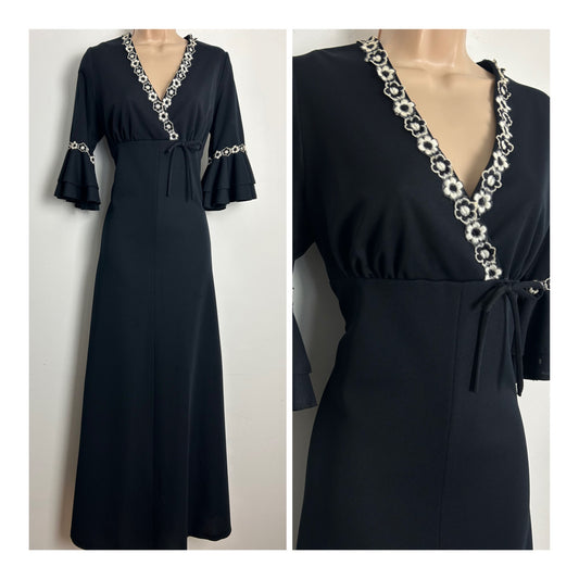 Vintage 1970s Size 12 Black Floral Braid Trim Surplice Neck Maxi Dress