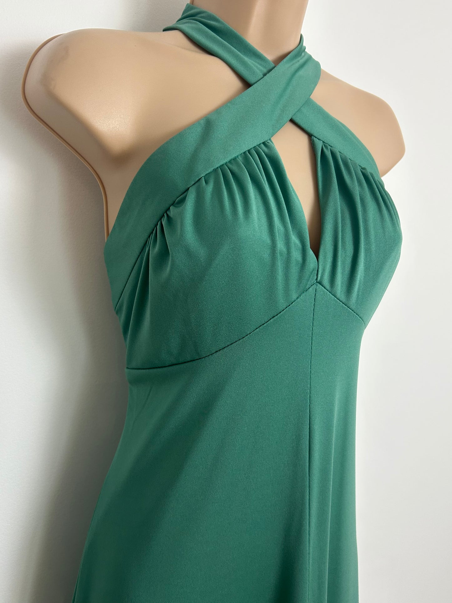 Vintage 1970s PENNY MIST Size 10-12 Green Cross Strap Halterneck Maxi Dress