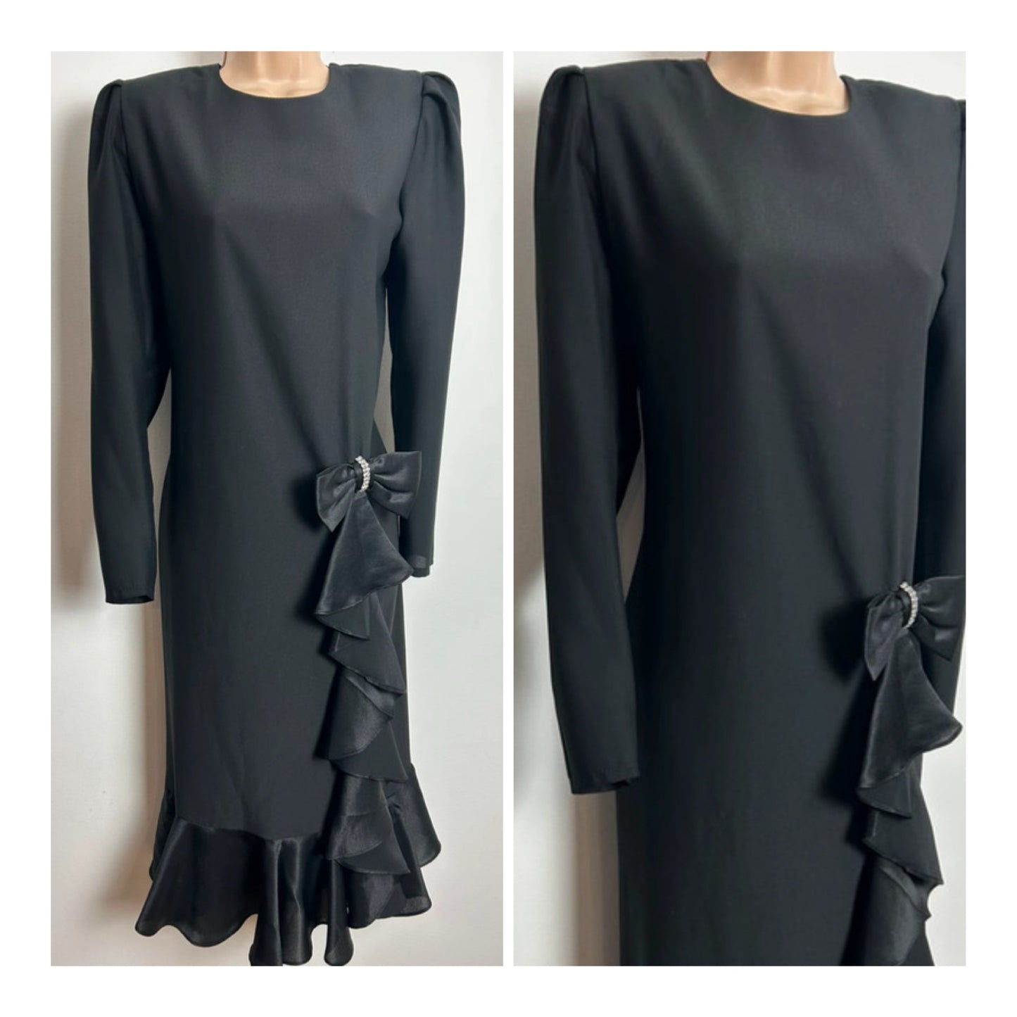 Vintage 1980s Size 10 SILHOUETTES Black Long Sleeve Bow & Ruffle Detail Shift Party Evening Dress
