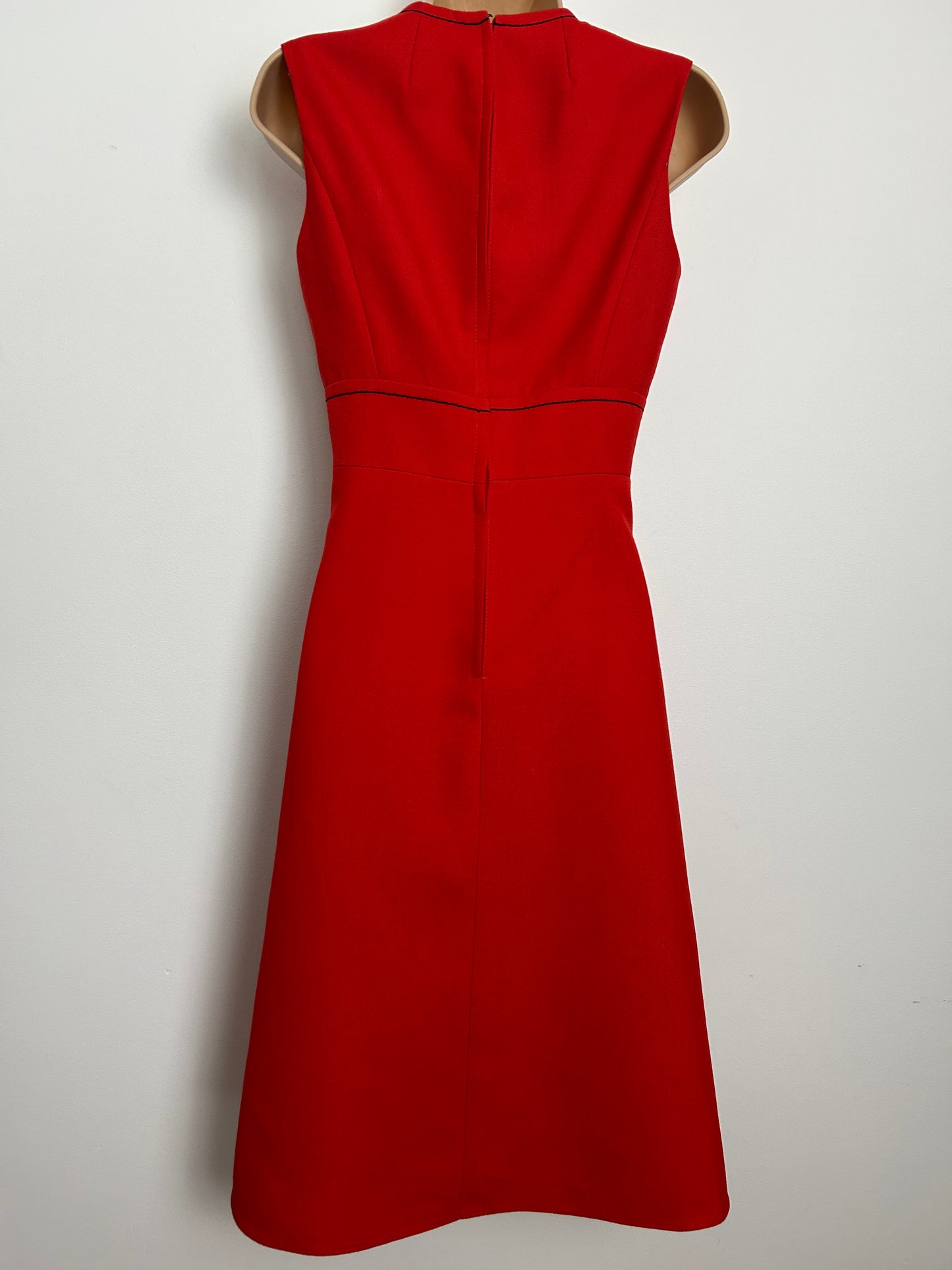 Vintage 1960s Size 8-10 Red Black Stitch Detail New Wool Mod Dress