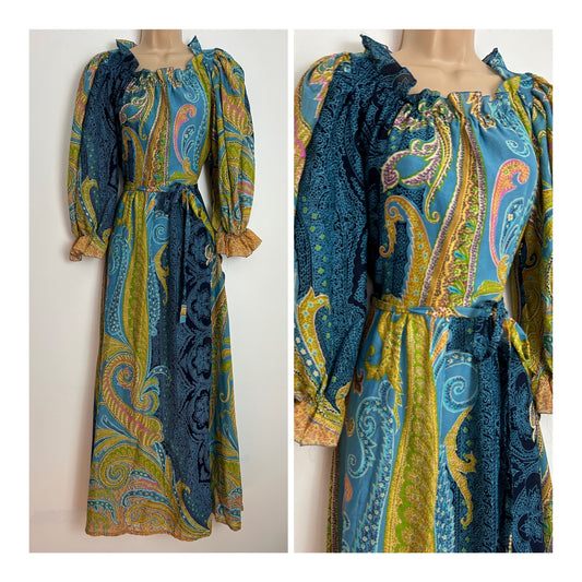 Vintage 1970s VERA MONT PARIS UK Size 10 Blue Sandy Beige Pink & Green Nouveau Floral Paisley Print Cotton Belted Maxi Dress
