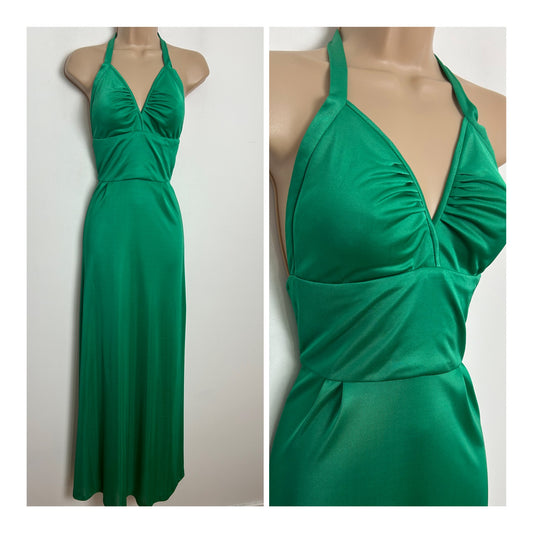 Vintage 1970s BARBARELLA Size 6 Green Shiny Look Halter Neck Summer Occasion Maxi Dress