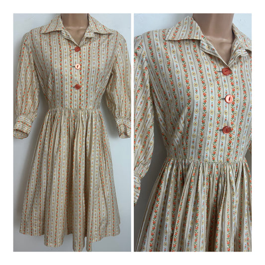 Vintage 1960s Size 10 Cream & Orange Stripe Floral Print Cotton Gather Pleated Day Dress
