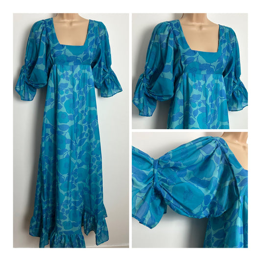 Vintage 1960s Size 8 Homemade Blue Tones Floral Print Short Puff Sleeves Empire Line Maxi Dress
