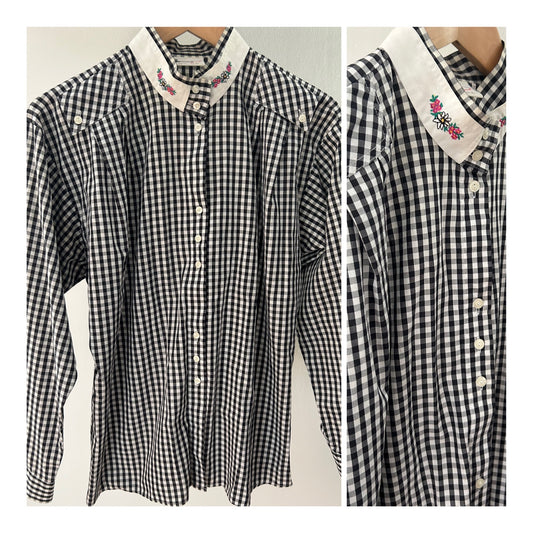 Vintage 1980s UK Size 14 Black & White Gingham Check Cotton Long Sleeve Embroidered Cotton Detail Shirt