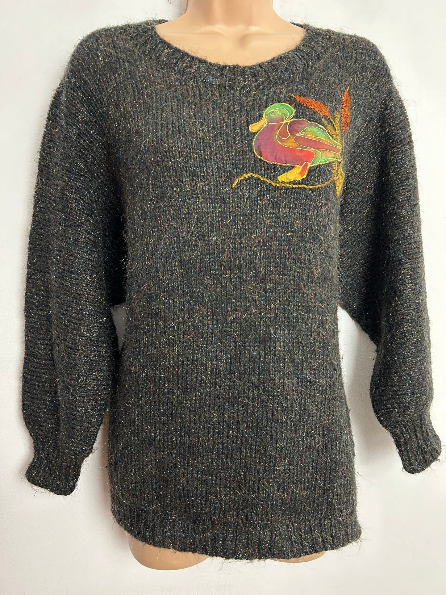 Vintage 1980s One Size Up To Size 16 /18 Dark Grey Mohair Mix Duck Applique Long Sleeve Jumper