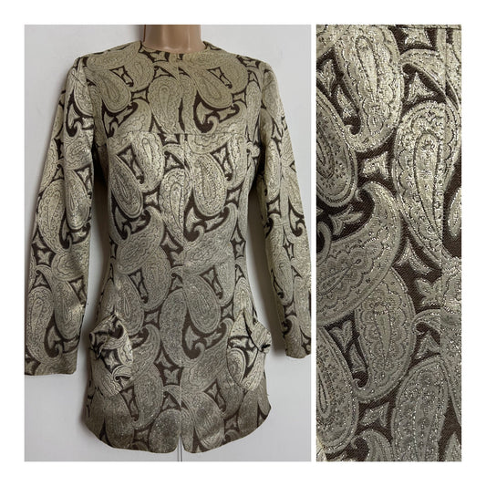 Vintage 1960s GLADYS PARIS UK Size 8 Metallic Gold & Brown Paisley Print Mini Mod Party Shift Dress or Tunic