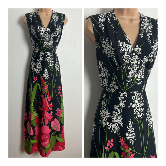 Vintage 1970s DANY COUTURE Size 8-10 Black White & Coral Pink Floral Print Sleeveless Maxi Dress