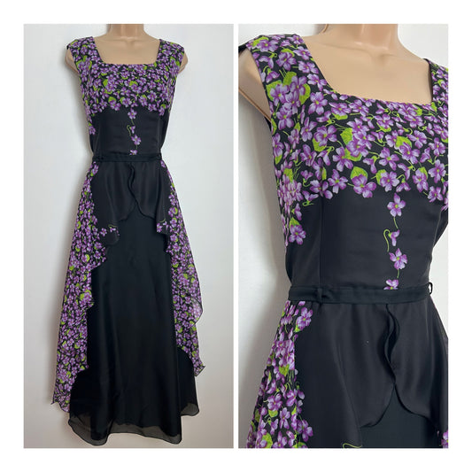 Vintage 1970s EMILIANA Size 12 Black & Purple Floral Print Double Layer Sleeveless Maxi Dress