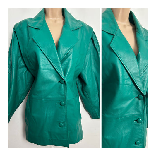 Vintage 1980s UK Size 14 Jade Green Oversized Leather Jacket