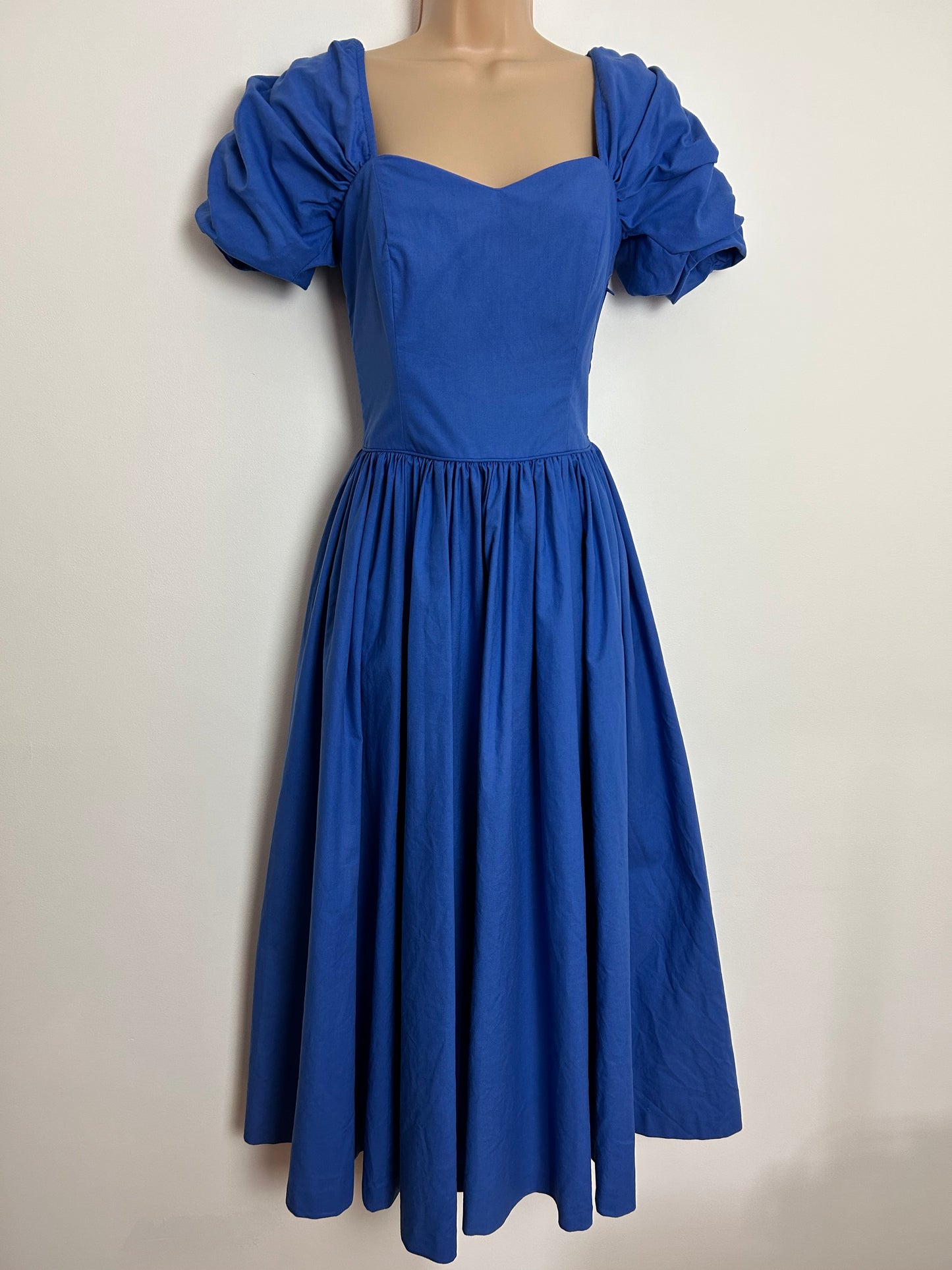 Vintage 1980s LAURA ASHLEY UK Size 6/8 (12 On Label) Blue Ruched Puff Sleeve Gather Pleated Cotton Midi Dress