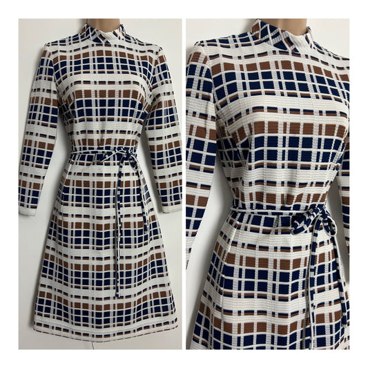 Vintage 1970s ELIZABETH TEES UK Size 10 White Brown Navy Blue Check Print Belted Mod Dress
