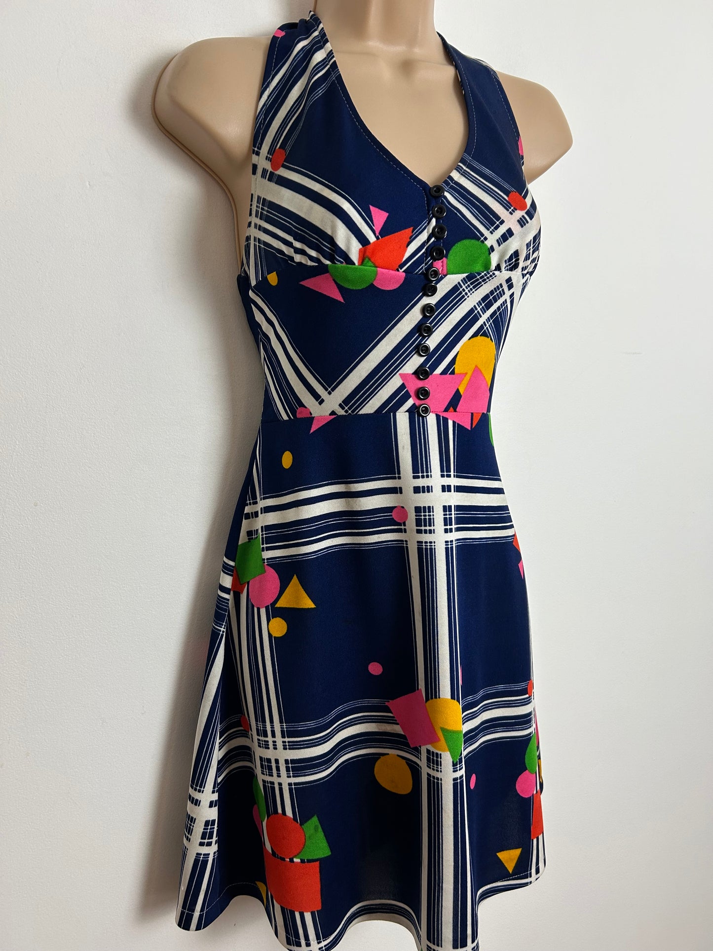 Vintage 1970s Size 6-8 Navy Blue White Pink Yellow & Green Abstract Print Halter Neck Summer Dress