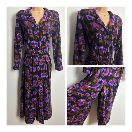 Vintage 1980s DONNA TROAN Size 12-14 Black Maroon & Purple Floral Print Culotte Style Jumpsuit/Playsuit