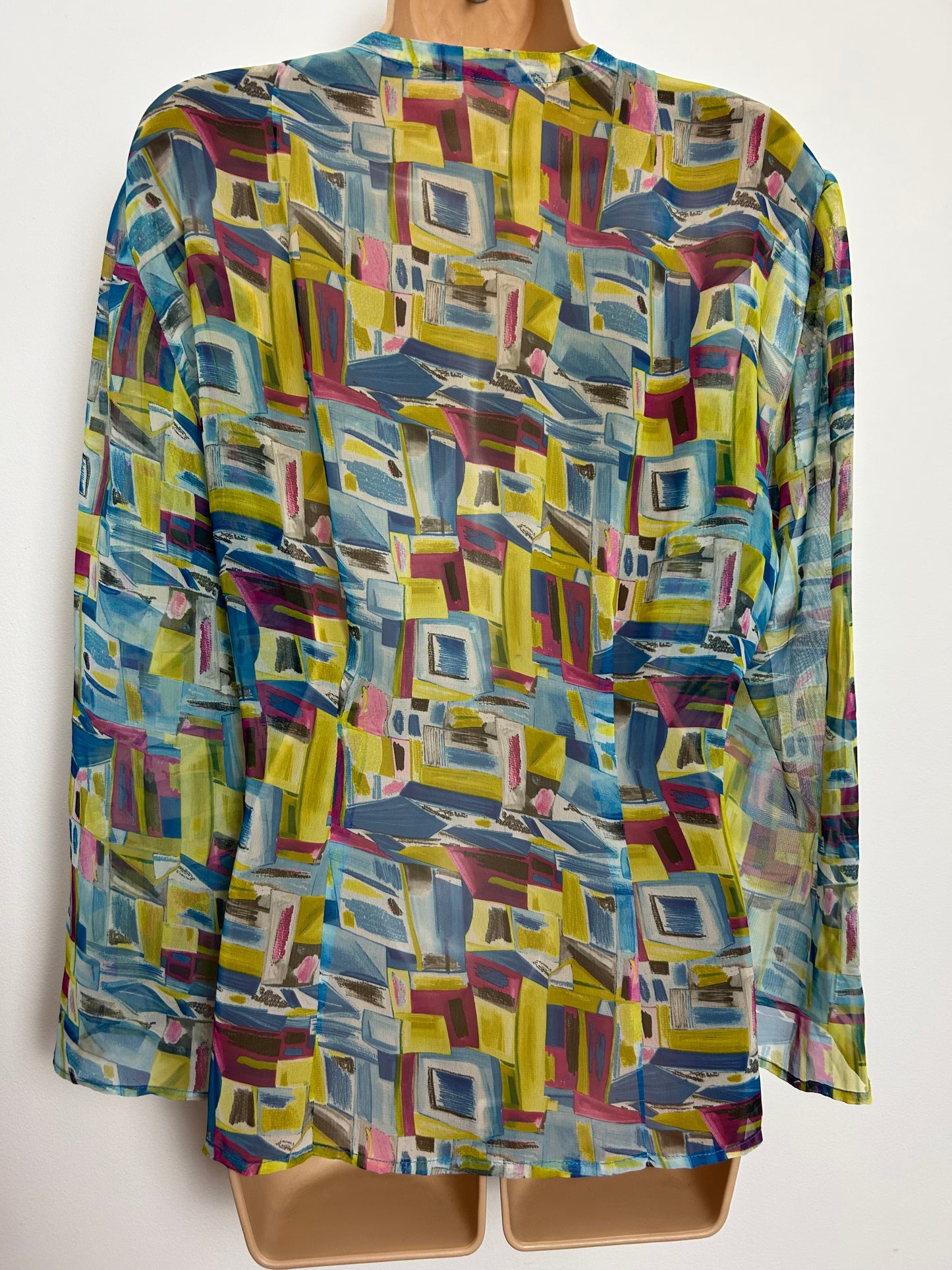 Vintage 1980s Size 12 Blue Pink & Yellowy Green Abstract Print Semi Sheer Tie Front Cover Up Top