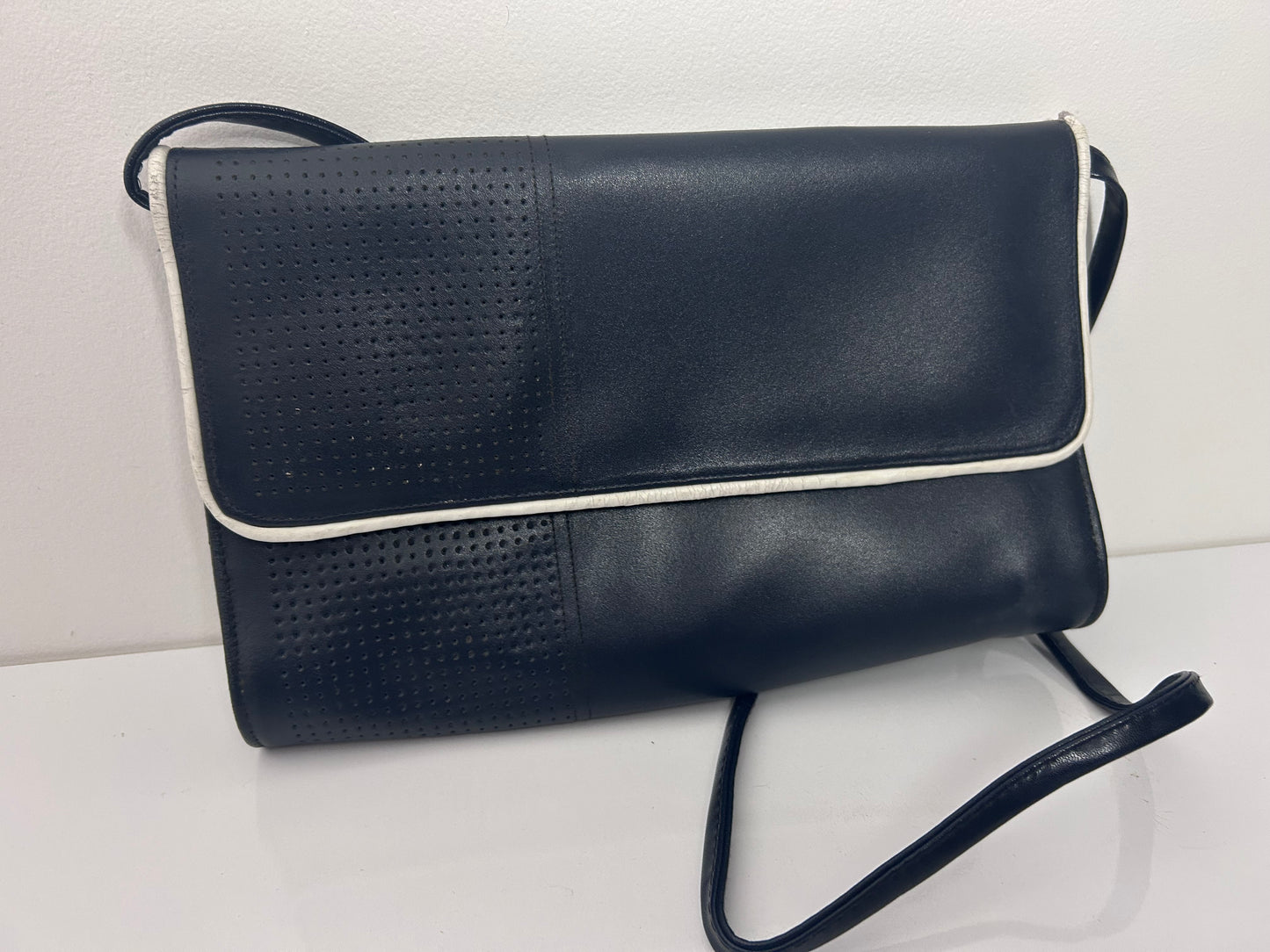 Vintage 1980s K SHOES Made In England Black Perforated Detail Envelope Style Shoulder Or Clutch Bag