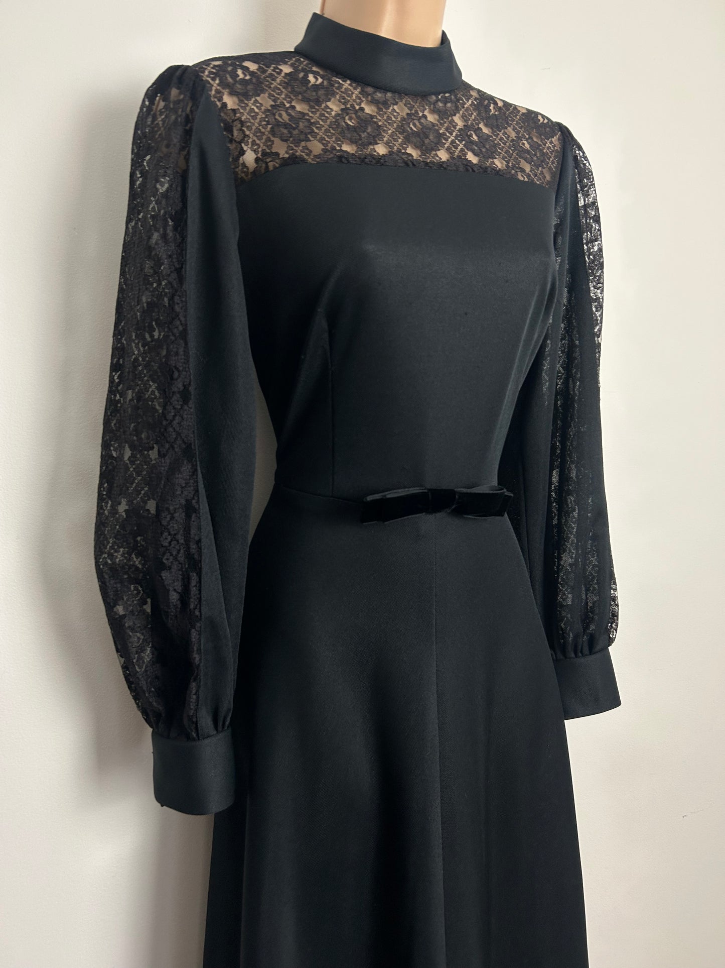 Vintage 1970s Size 10 Black Gothic Vibes Lace Illusion Neck Long Sleeve Maxi Dress