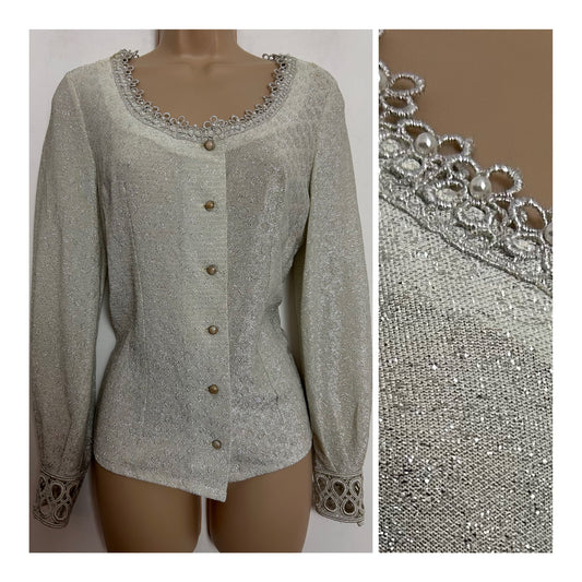 Vintage 1970s UK Size 10 Silver Lurex Floral & Pearl Braid Trim Long Sleeve Blouse/Top