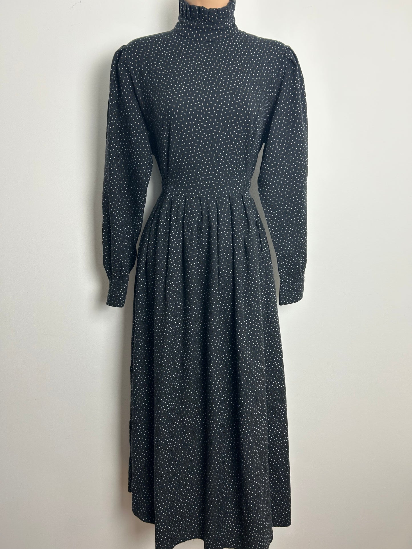 Vintage Early 1980s LAURA ASHLEY Size 12/14 (14 On Label) Black Polka Dot Tie Back Wool Mix Midi Dress