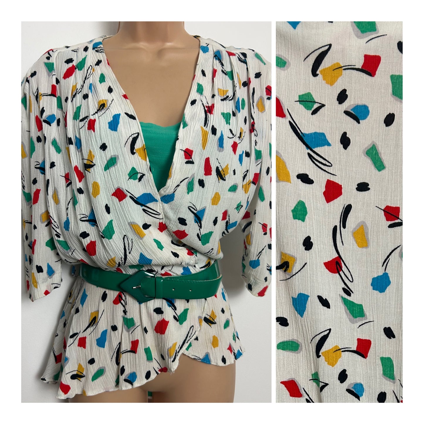 Vintage 1980s Size 12-14 White Red Green Yellow & Blue Abstract Belted Peplum Top