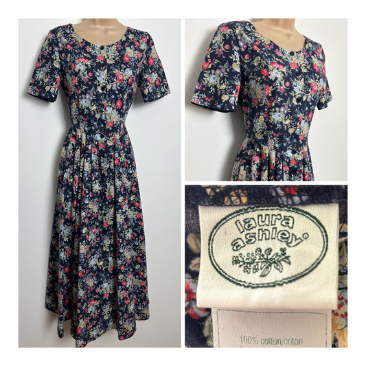 Vintage 1980s LAURA ASHLEY Size 10 Dark Blue Red Green & Blue Floral Cotton Tea Dress