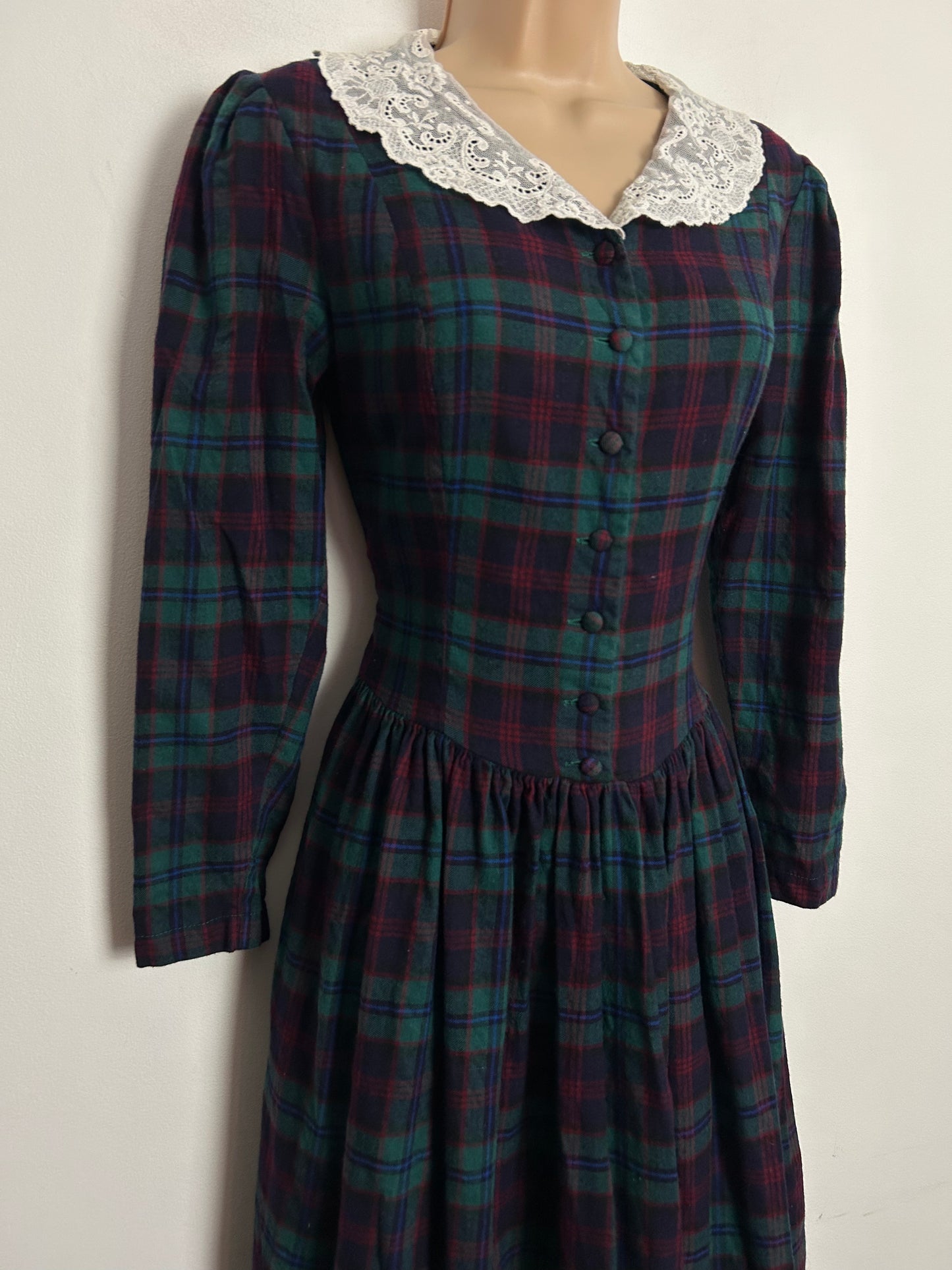 Vintage 1980s Laura Ashley UK Size 6-8 (10 On Label) Wool Mix Green Navy & Red Tartan Check Print Lace Collar Midi Dress