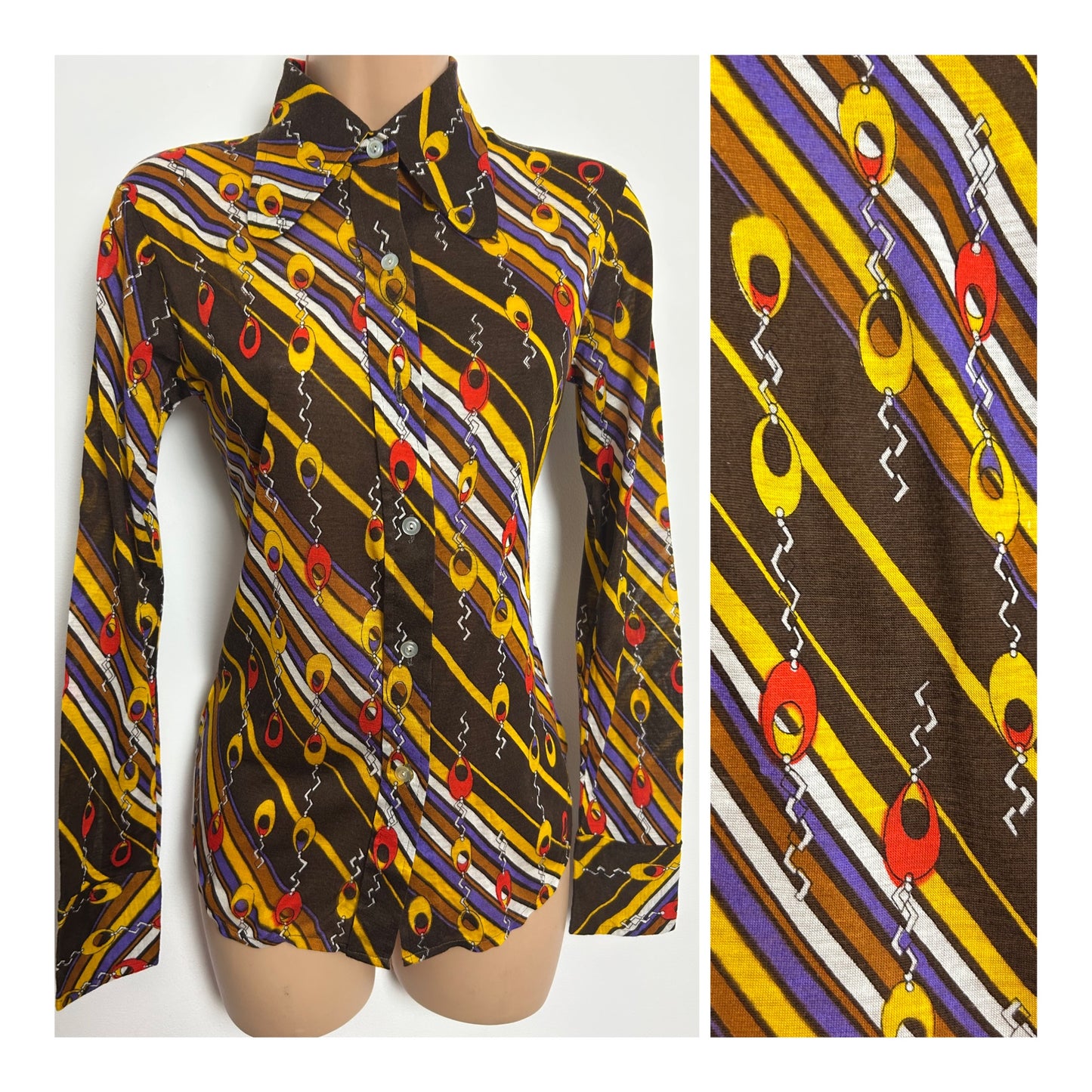 Vintage 1970s SAINT CLOUD Size 6-8 Brown Mustard Red & Purple Abstract Print Beagle Collar Shirt