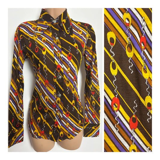 Vintage 1970s SAINT CLOUD Size 6-8 Brown Mustard Red & Purple Abstract Print Beagle Collar Shirt