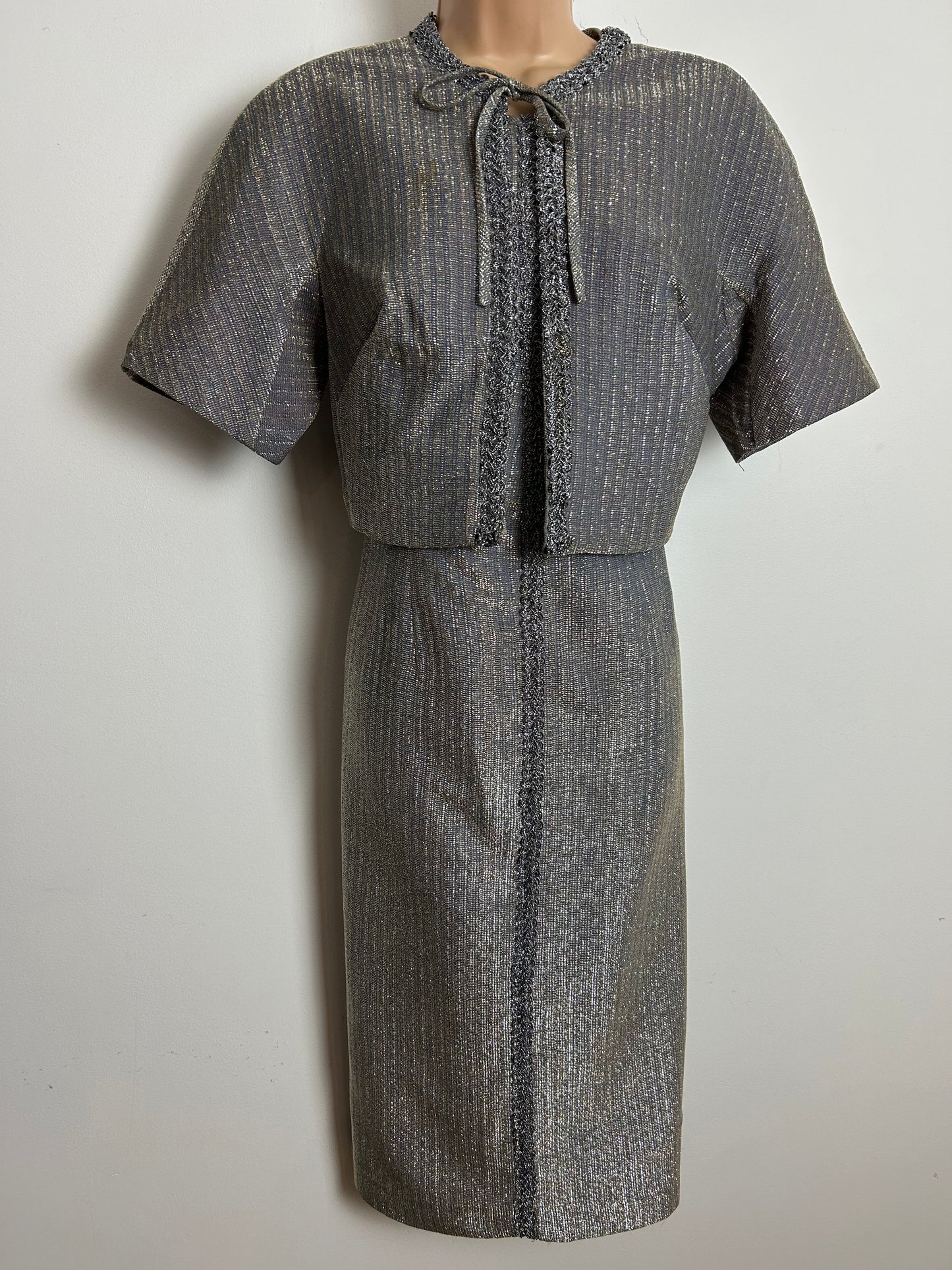 Vintage 1960s BERBRIGHT LONDON Size 12 Silver Lurex Braid Trim Evening Party Dress & Matching Cropped Jacket
