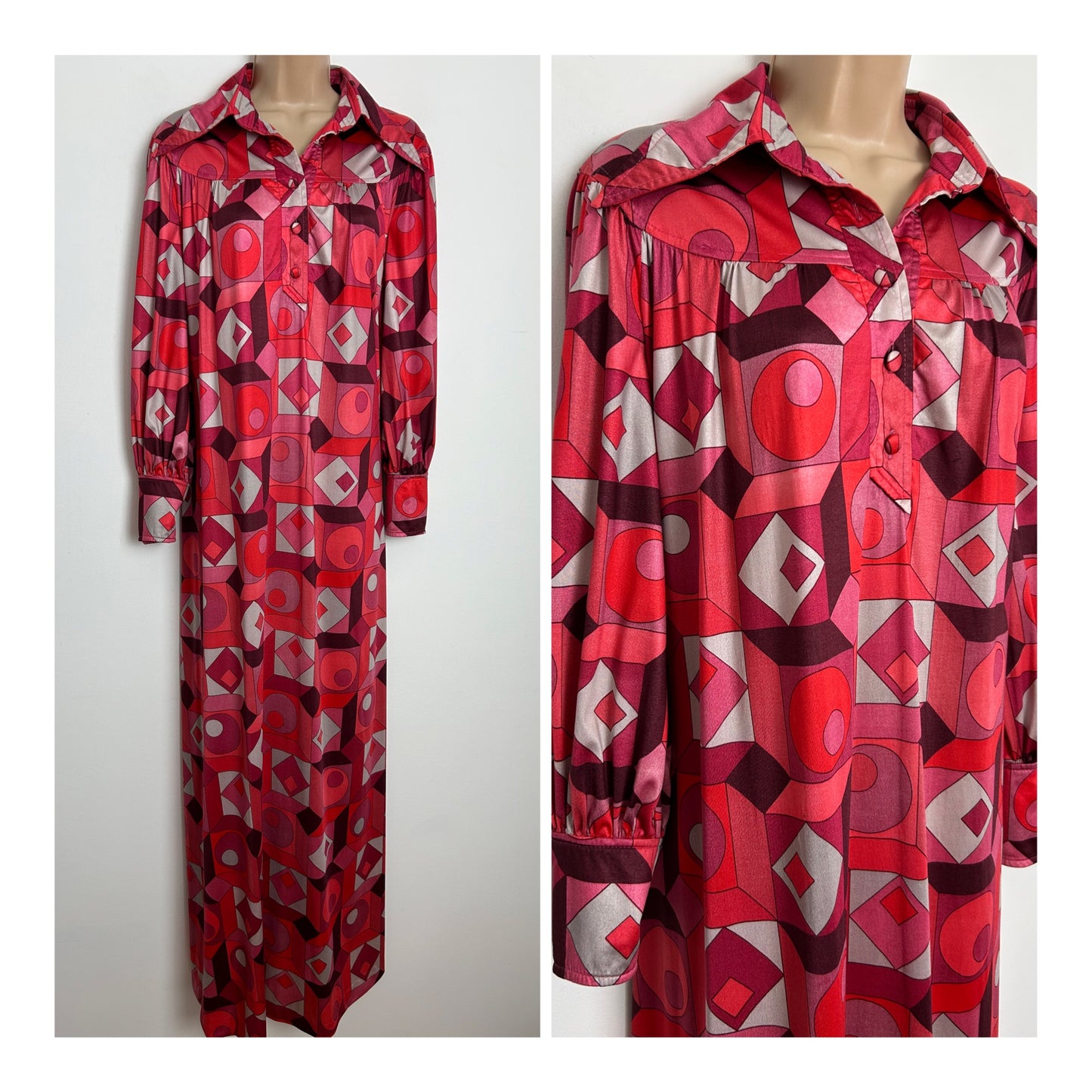 Vintage 1970s J By JAYS Size 12 Pink & Red Tones Geo Print Long Sleeve Loose Smock Kaftan Style Maxi Dress