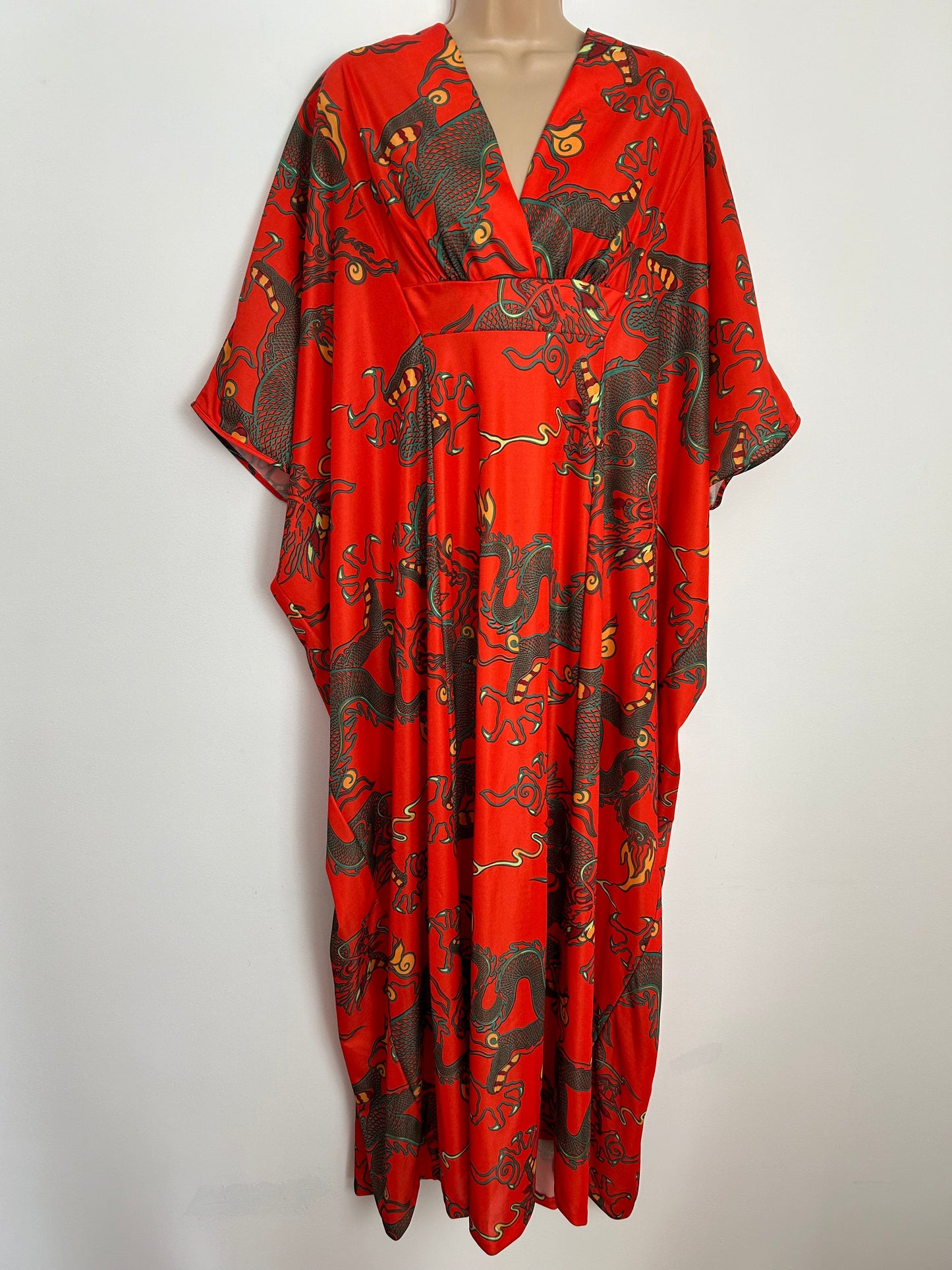 Vintage 1980s One Size Gorgeous Red Dragon Print Wide Sleeve Kaftan Maxi Dress