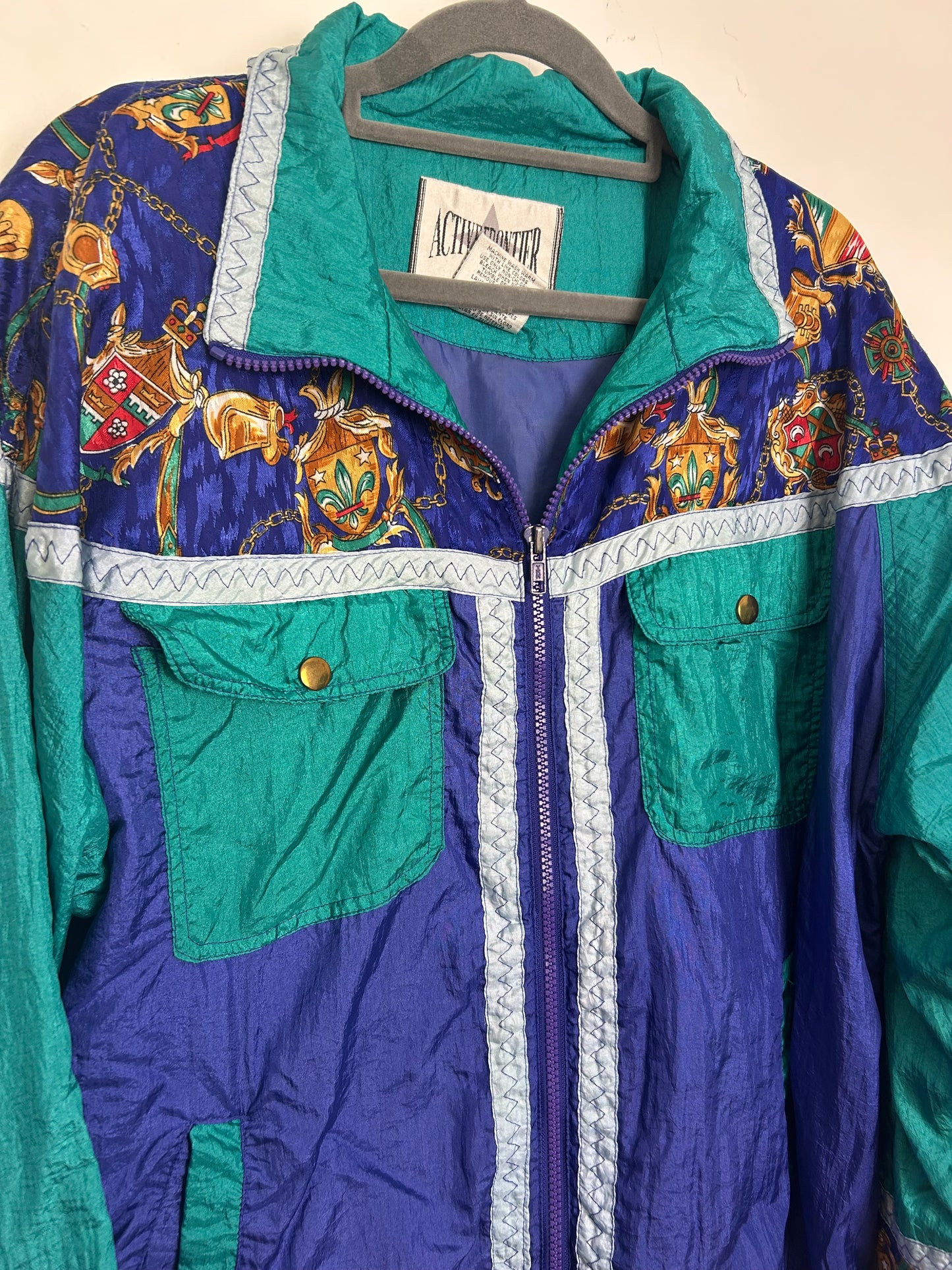 Vintage 1980s ACTIVE FRONTIER Size L (Up To Size 16) Blue & Green Baroque Novelty Print Shell Suit Jacket