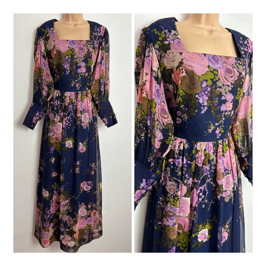 Vintage 1970s CRESTA UK Size 10 Navy Blue Pink & Lilac Floral Print Cotton Mix Long Sleeve Pleated Boho Maxi Dress