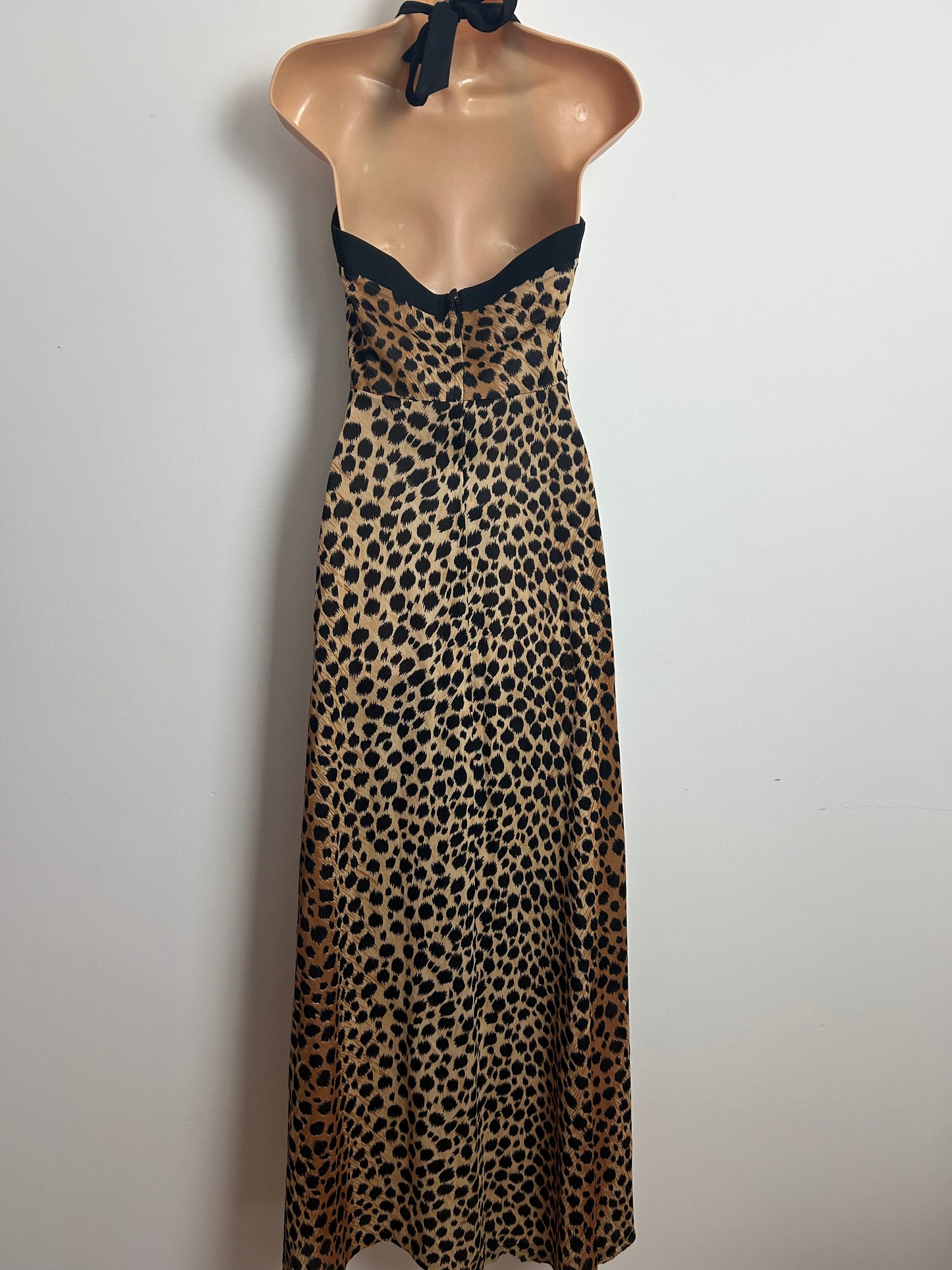 Vintage 1970s WINCHESTER Size 8 Tan & Black Leopard Print Halter Neck Maxi Dress