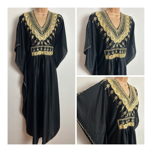 Vintage 1980s Up To Size 18 Black & Gold Embroidered Detail Maxi Length Kaftan