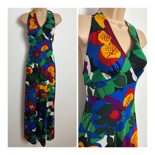 Vintage 1970s Size 8 Blue Green Purple & Mustard Bold Floral Print Halterneck Summer Maxi Dress